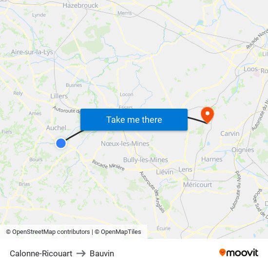 Calonne-Ricouart to Bauvin map