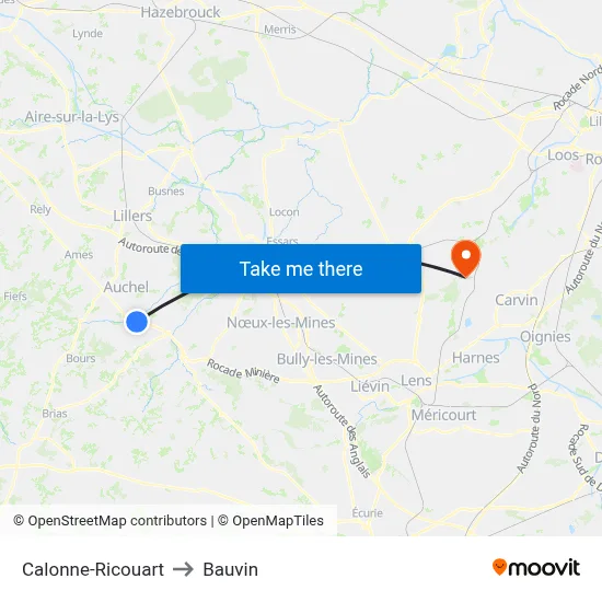 Calonne-Ricouart to Bauvin map