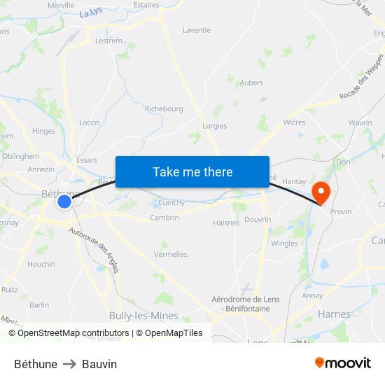 Béthune to Bauvin map
