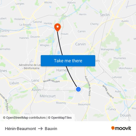 Hénin-Beaumont to Bauvin map
