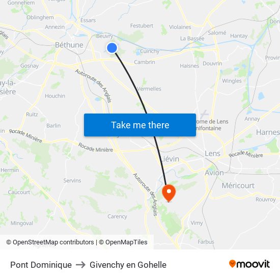 Pont Dominique to Givenchy en Gohelle map