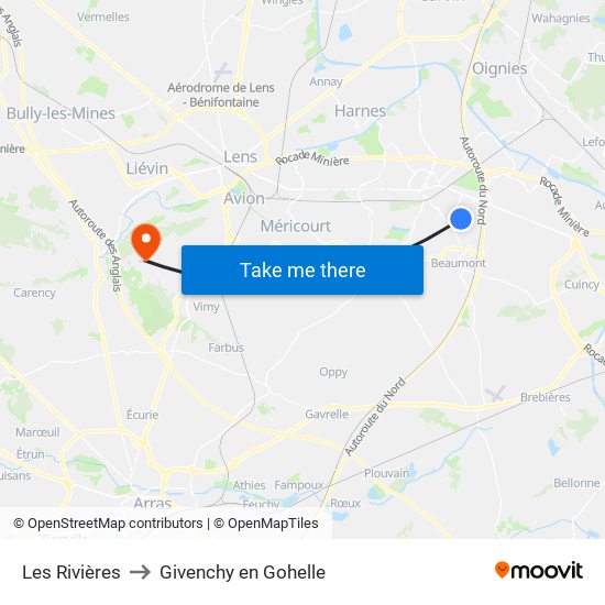 Les Rivières to Givenchy en Gohelle map