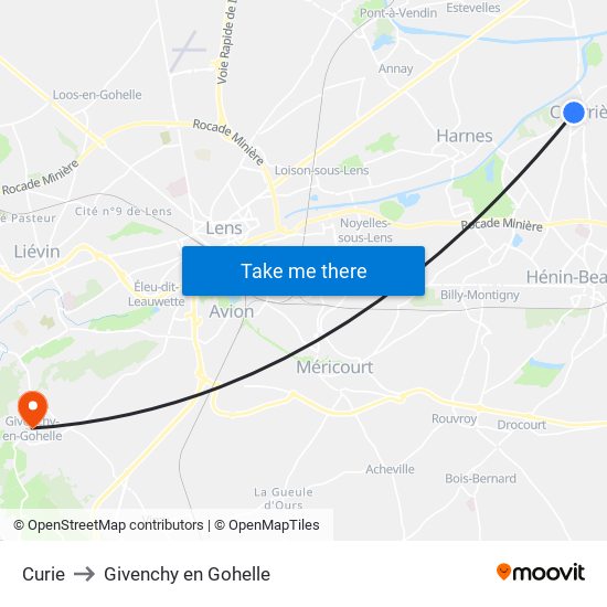 Curie to Givenchy en Gohelle map
