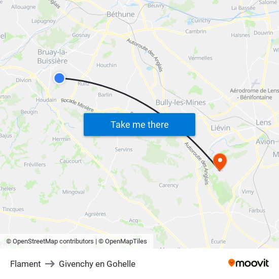 Flament to Givenchy en Gohelle map