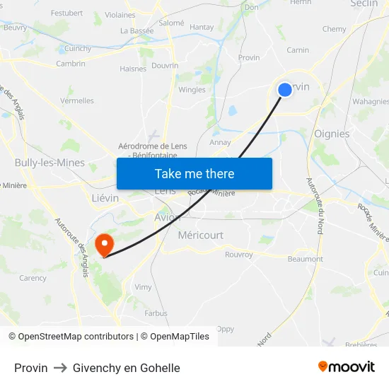 Provin to Givenchy en Gohelle map