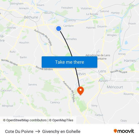 Cote Du Poivre to Givenchy en Gohelle map