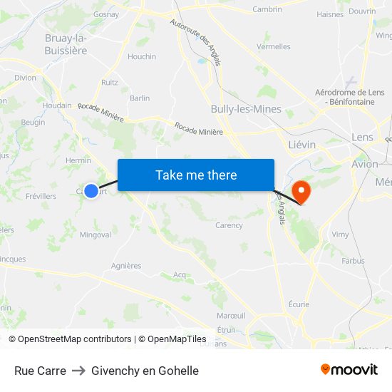 Rue Carre to Givenchy en Gohelle map