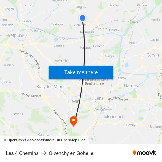 Les 4 Chemins to Givenchy en Gohelle map