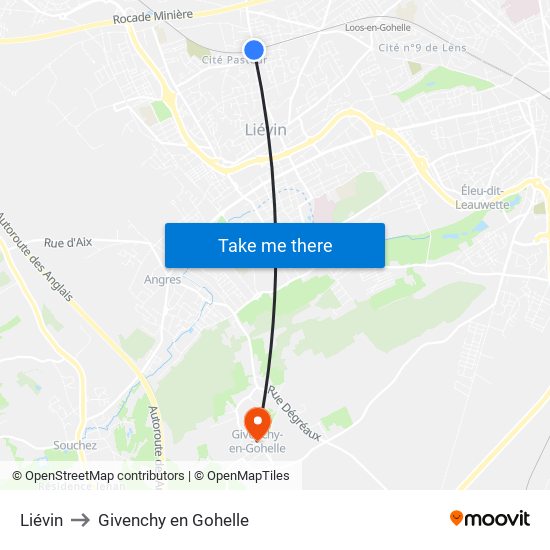 Liévin to Givenchy en Gohelle map