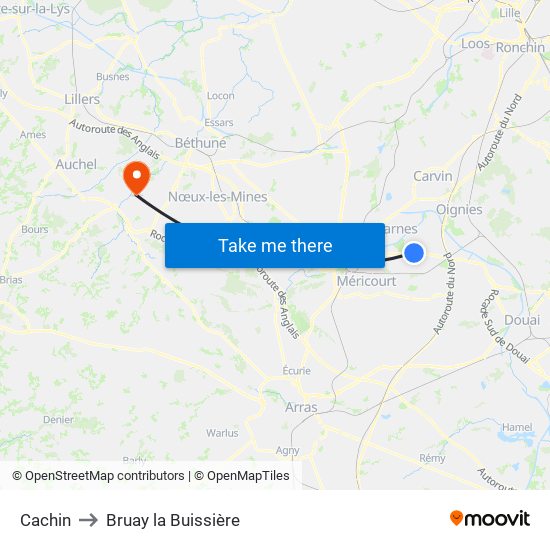 Cachin to Bruay la Buissière map