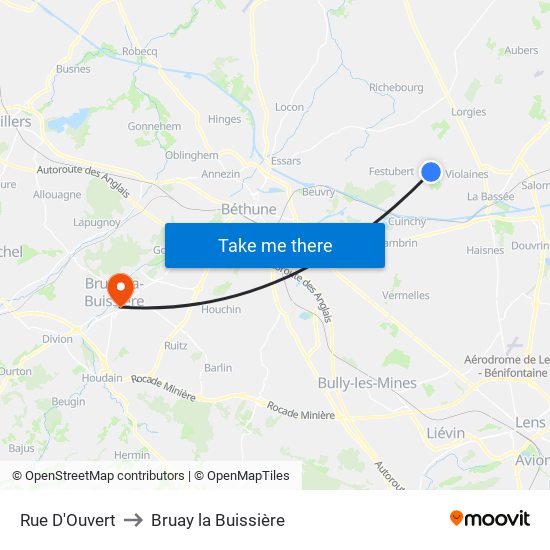 Rue D'Ouvert to Bruay la Buissière map