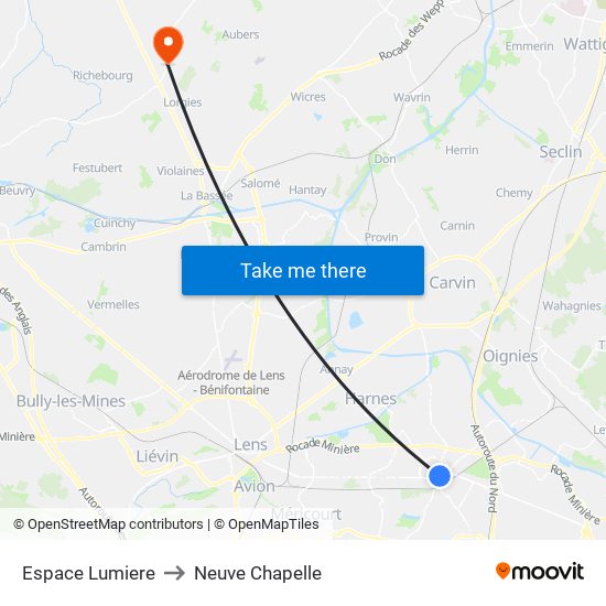 Espace Lumiere to Neuve Chapelle map