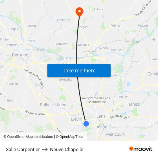 Salle Carpentier to Neuve Chapelle map