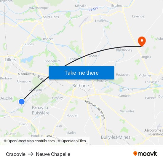 Cracovie to Neuve Chapelle map