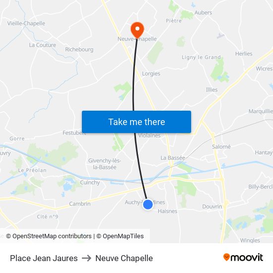 Place Jean Jaures to Neuve Chapelle map