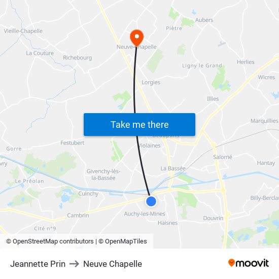 Jeannette Prin to Neuve Chapelle map