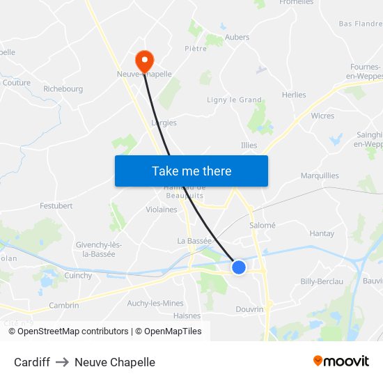 Cardiff to Neuve Chapelle map