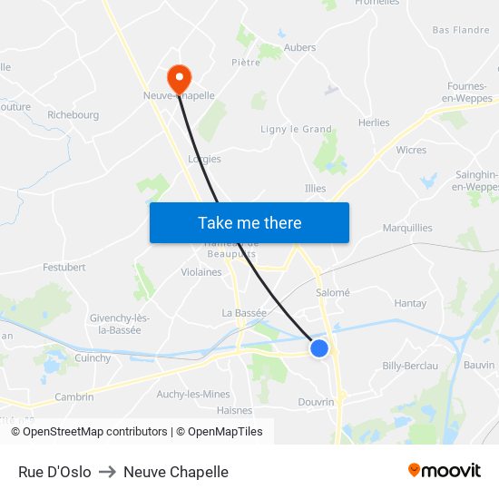 Rue D'Oslo to Neuve Chapelle map