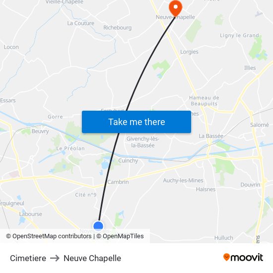 Cimetiere to Neuve Chapelle map