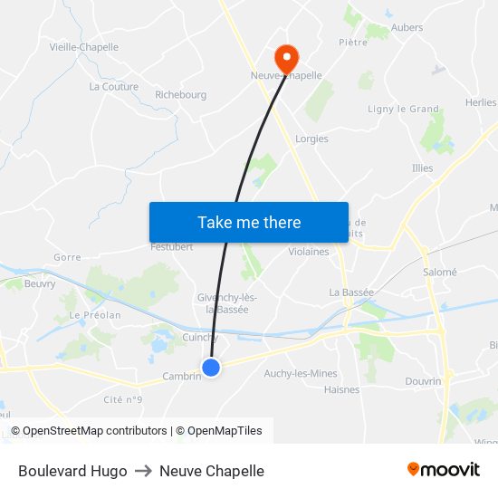 Boulevard Hugo to Neuve Chapelle map