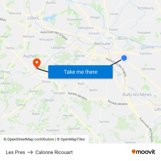 Les Pres to Calonne Ricouart map