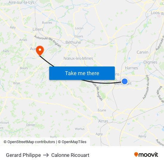 Gerard Philippe to Calonne Ricouart map