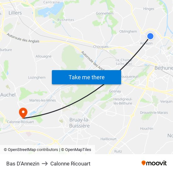 Bas D'Annezin to Calonne Ricouart map