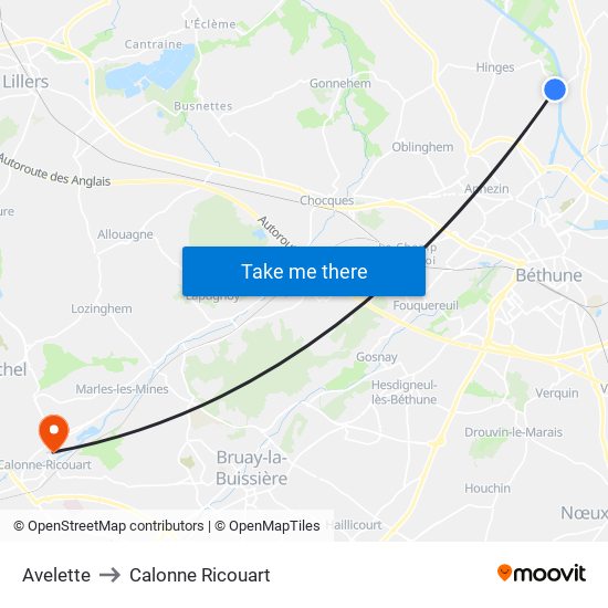 Avelette to Calonne Ricouart map