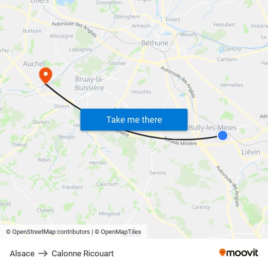Alsace to Calonne Ricouart map