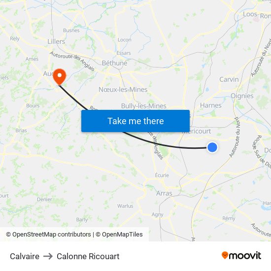 Calvaire to Calonne Ricouart map