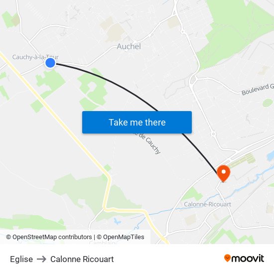 Eglise to Calonne Ricouart map