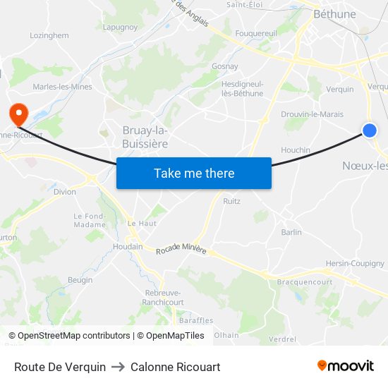 Route De Verquin to Calonne Ricouart map