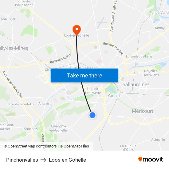 Pinchonvalles to Loos en Gohelle map