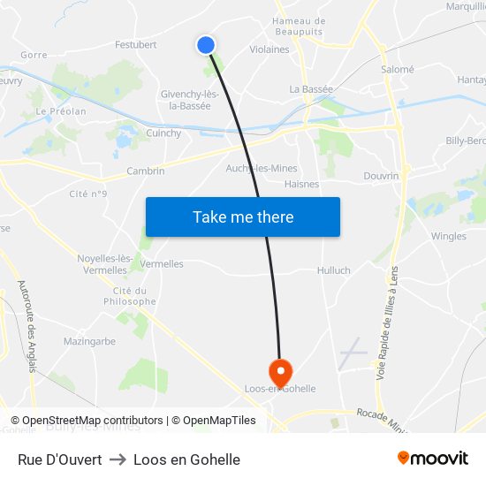 Rue D'Ouvert to Loos en Gohelle map