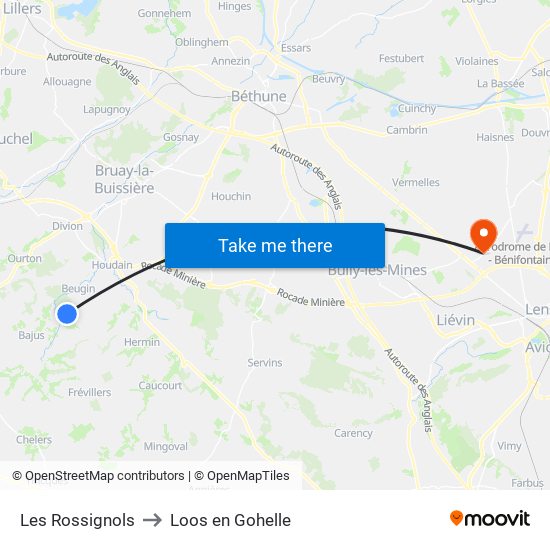 Les Rossignols to Loos en Gohelle map