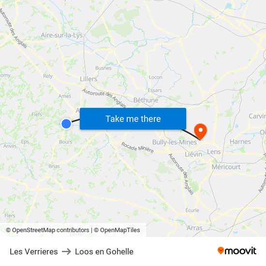 Les Verrieres to Loos en Gohelle map