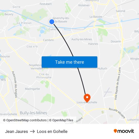 Jean Jaures to Loos en Gohelle map