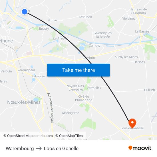 Warembourg to Loos en Gohelle map