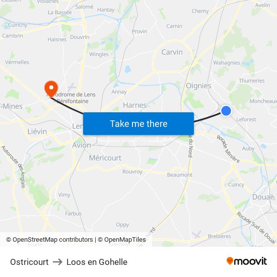 Ostricourt to Loos en Gohelle map