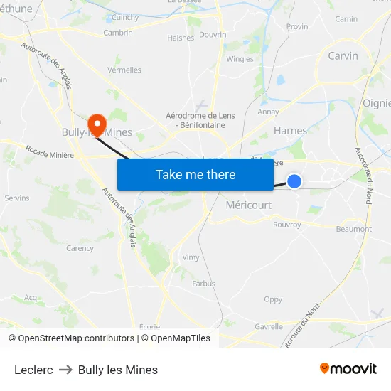 Leclerc to Bully les Mines map