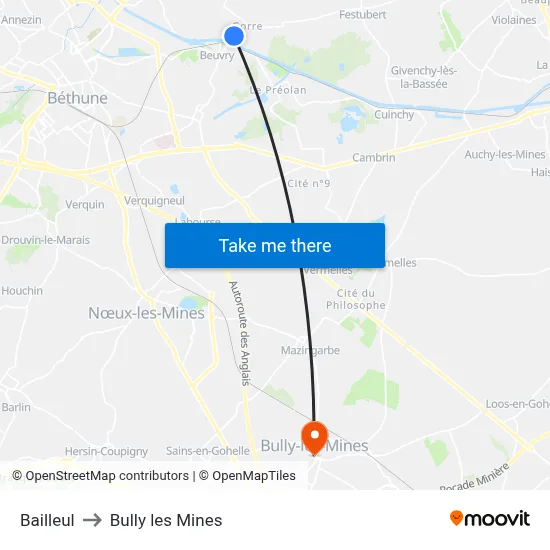 Bailleul to Bully les Mines map
