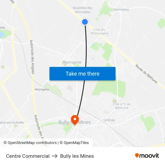 Centre Commercial to Bully les Mines map