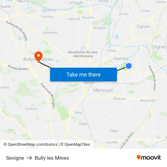Sevigne to Bully les Mines map