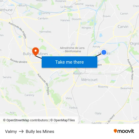 Valmy to Bully les Mines map