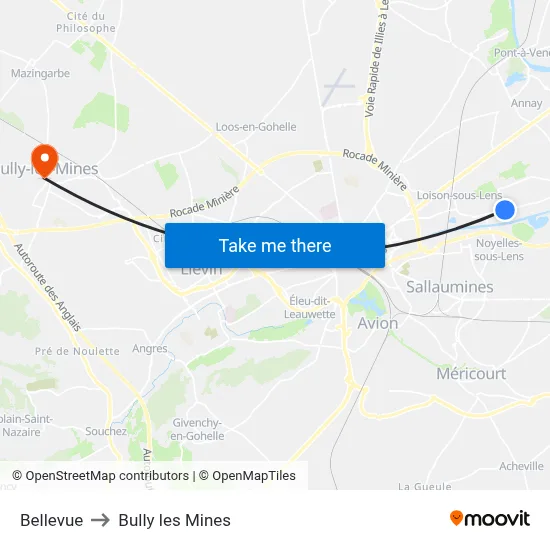 Bellevue to Bully les Mines map