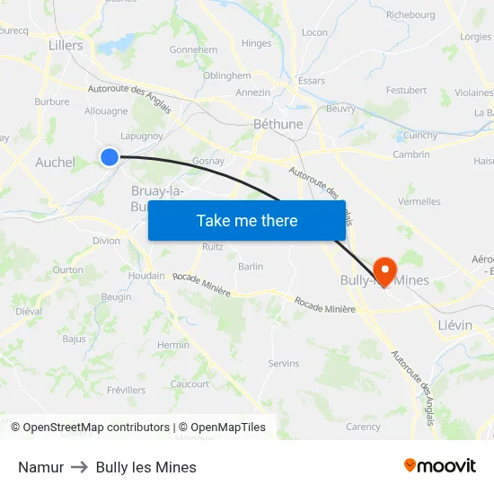 Namur to Bully les Mines map