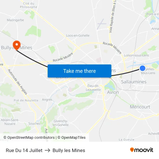 Rue Du 14 Juillet to Bully les Mines map