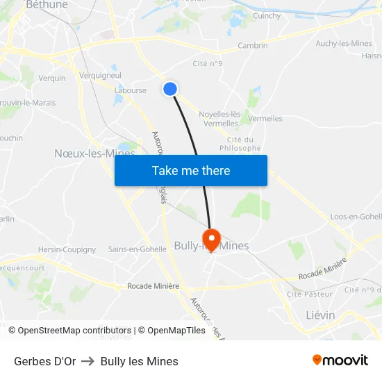 Gerbes D'Or to Bully les Mines map