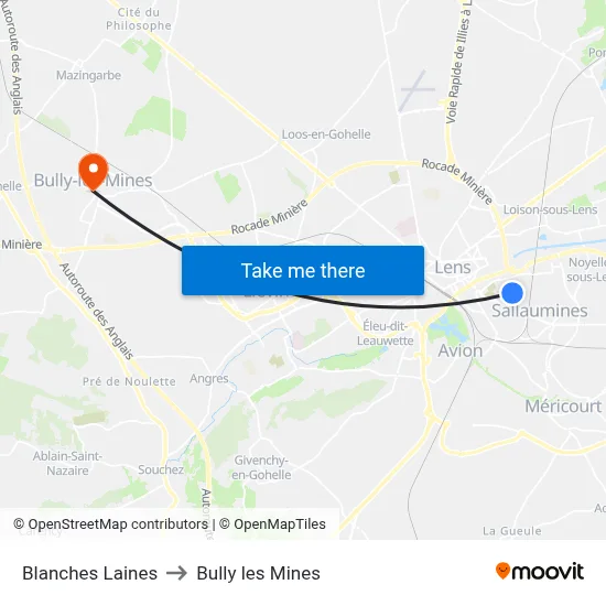 Blanches Laines to Bully les Mines map