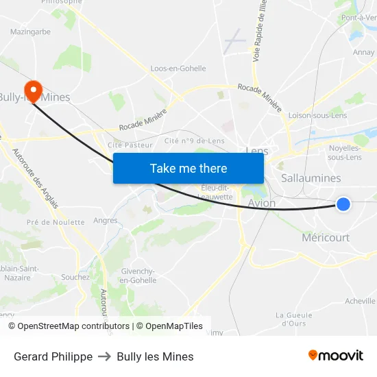 Gerard Philippe to Bully les Mines map